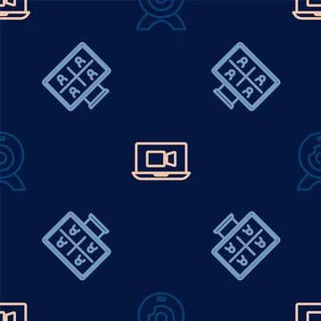 Set line Web camera, Video chat conference and on seamless pattern. Vector Illustrazione stock