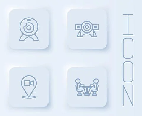 Set line Web camera, Video chat conference and Meeting. White square button 스톡 일러스트