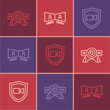 Set line Web camera, Video chat conference and icon. Vector Illustrazione stock