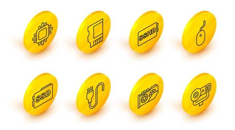 Set line Web camera, Video graphic card, USB cable cord, SSD, Computer mouse 스톡 일러스트