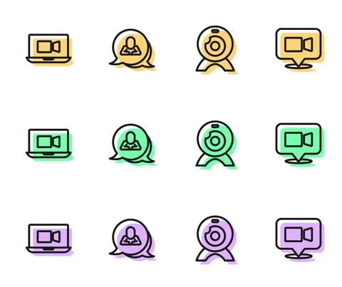 Set line Web camera, Video chat conference, Speech bubble and icon. Vector Illustrazione stock