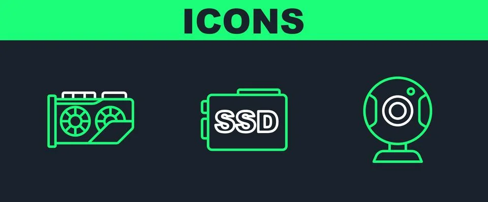 Set line Web camera, Video graphic card and SSD icon. Vector Stock Illustration