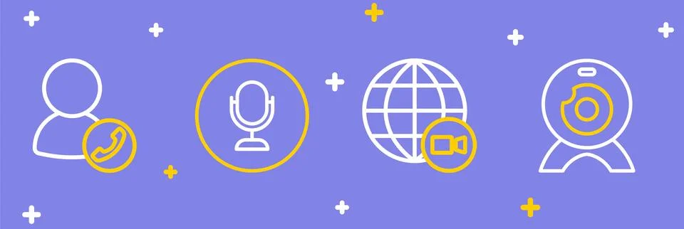 Set line Web camera, Video chat conference, Microphone and icon. Vector Ilustração Stock
