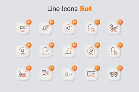 Set line Web camera, Video chat conference, Meeting, Mute microphone and  i.. Stock Illustration