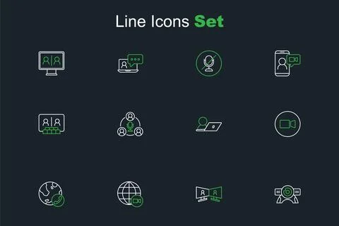 Set line Web camera, Video chat conference, Meeting and  icon. Vector Stock Illustration