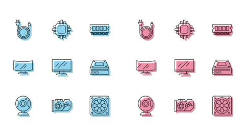 Set line Web camera, Video graphic card, Electric plug, Computer cooler, mo.. Stock Illustration