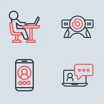Set line Web camera, Video chat conference,  and Freelancer icon. Vector Stock Illustration