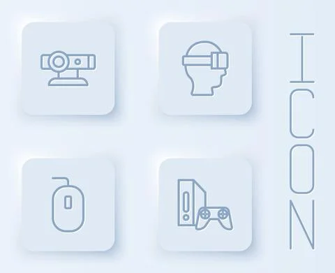 Set line Web camera, Virtual reality glasses, Computer mouse and Game console 스톡 일러스트