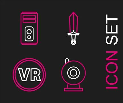 Set line Web camera, Virtual reality glasses, Sword for game and Computer icon Stock Illustration
