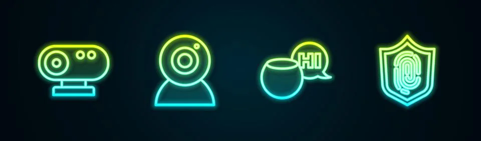 Set line Web camera, , Voice assistant and Fingerprint. Glowing neon icon Stock Illustration