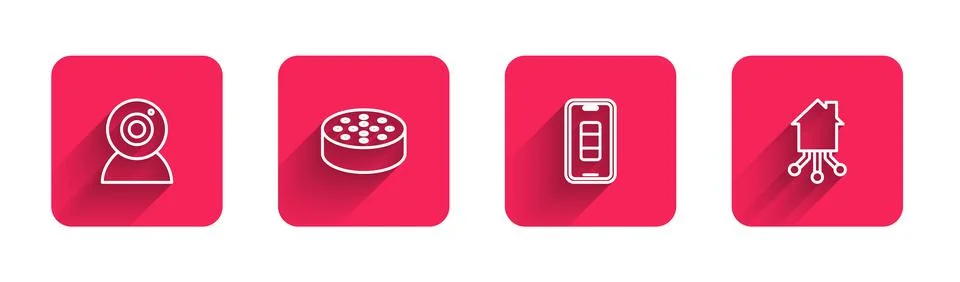 Set line Web camera, Water sensor, Smartphone battery charge and home with long Stock Illustration