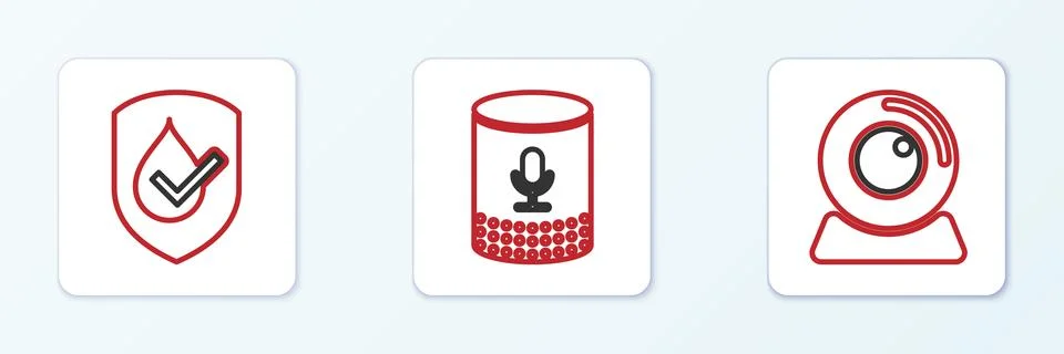 Set line Web camera, Waterproof and Voice assistant icon. Vector 스톡 일러스트
