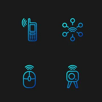 Set line Web camera, Wireless computer mouse, Mobile with wi-fi wireless and  Stock Illustration