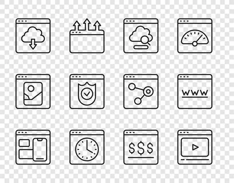 Set line Web developer programming code, Online play video, Cloud technology Stock Illustration