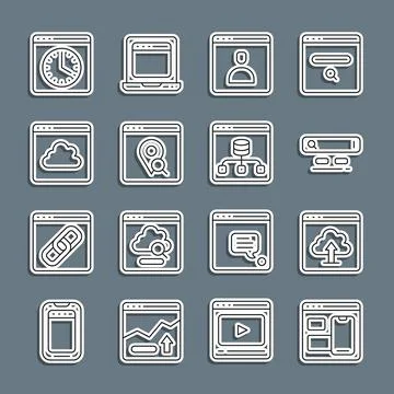 Set line Web developer programming code, Cloud upload, Search engine, Create Stock Illustration