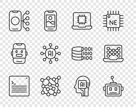 Set line Web developer programming code, Artificial intelligence robot Illustrazione stock