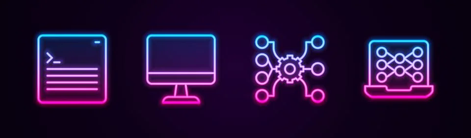Set line Web developer programming code, Computer monitor, Neural network and Illustrazione stock