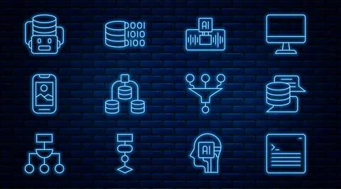 Set line Web developer programming code, Server, Data, Artificial intelligence Stock Illustration