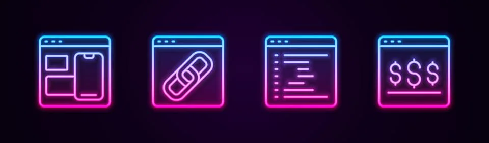 Set line Web developer programming code, Browser window,  and Online shoppi.. Stock Illustration