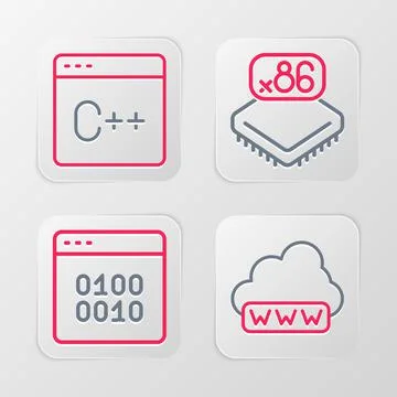 Set line Web development, Binary code, Processor with microcircuits CPU and Stock Illustration