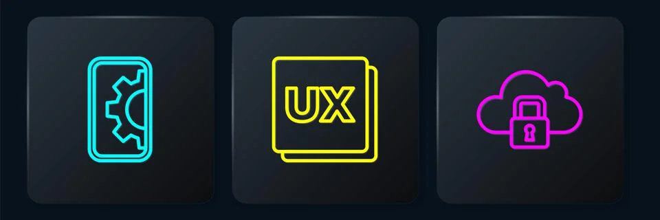 Set line Web development, Cloud computing lock and UI or UX design. Black square Illustrazione stock