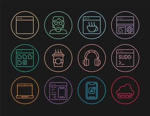 Set line Web development, Code terminal, Software, Coffee cup to go, Browser Stock Illustration