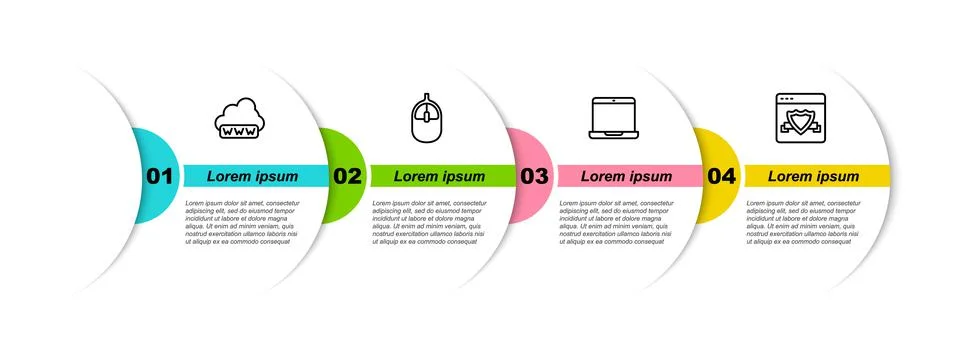 Set line Web development, Computer mouse, Laptop and Browser with shield 스톡 일러스트
