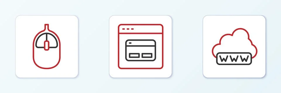 Set line Web development, Computer mouse and Search engine icon. Vector Stock Illustration