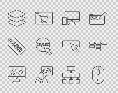 Set line Web development, Computer mouse, Monitor and mobile, Front end, La.. Stock Illustration
