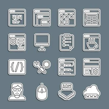 Set line Web development, Debugging, Software, Browser files, Computer monitor Stock Illustration