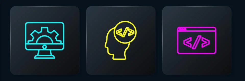 Set line Web development, Front end and . Black square button. Vector Illustration