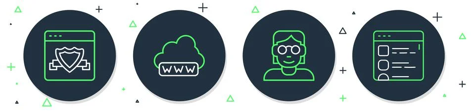Set line Web development, Hacker or coder, Browser with shield and files icon 스톡 일러스트