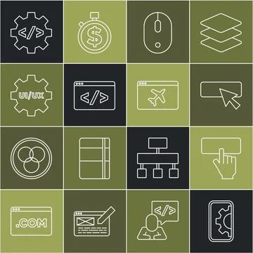 Set line Web development, Keyboard, UI or UX design, Computer mouse, Front .. Stock Illustration