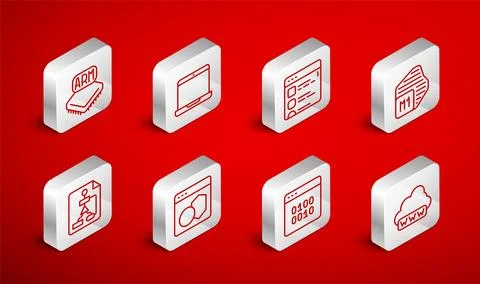 Set line Web development, Laptop, Browser files, Processor, Binary code, So.. Illustrazione stock