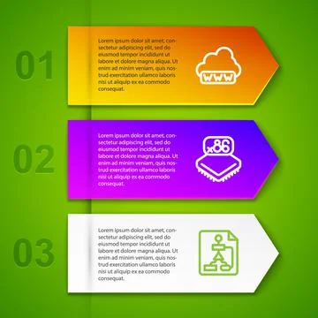 Set line Web development, Processor with microcircuits CPU and Flowchart Illustrazione stock