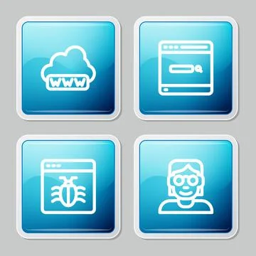 Set line Web development, Search engine, System bug and Hacker or coder icon Stock Illustration