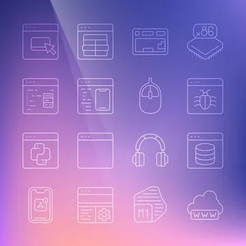 Set line Web development, Server, Data, Hosting, System bug, Keyboard, Software Illustrazione stock