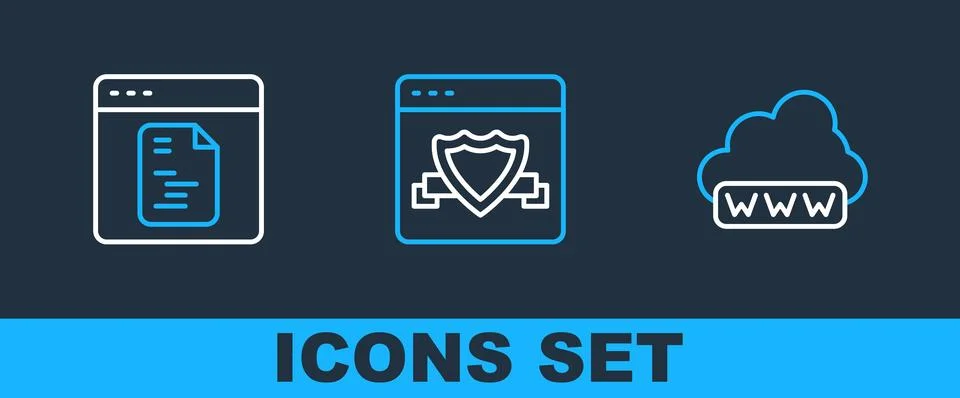 Set line Web development, Software and Browser with shield icon. Vector Stock Illustration
