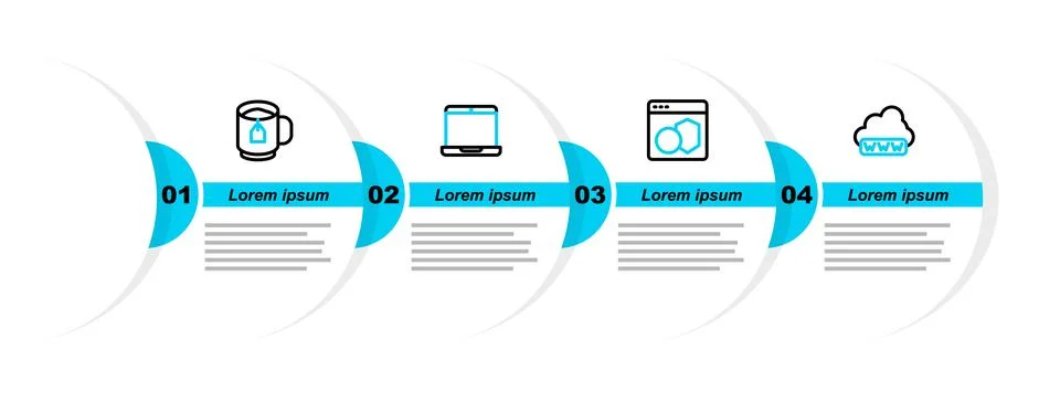 Set line Web development, Software, Laptop and Cup tea with tea bag icon. V.. Stock Illustration