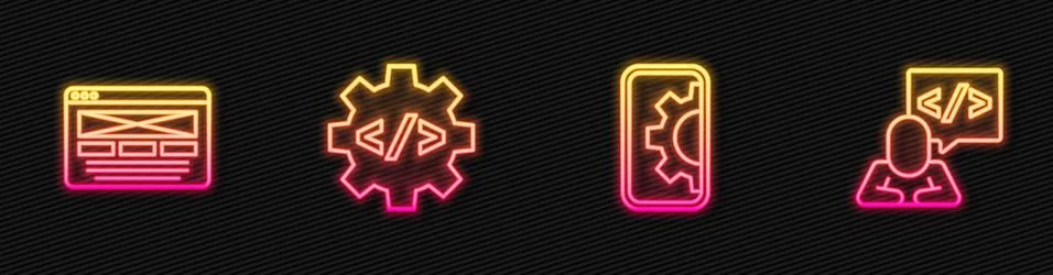 Set line Web development, UI or UX design, Front end and . Glowing neon icon 스톡 일러스트
