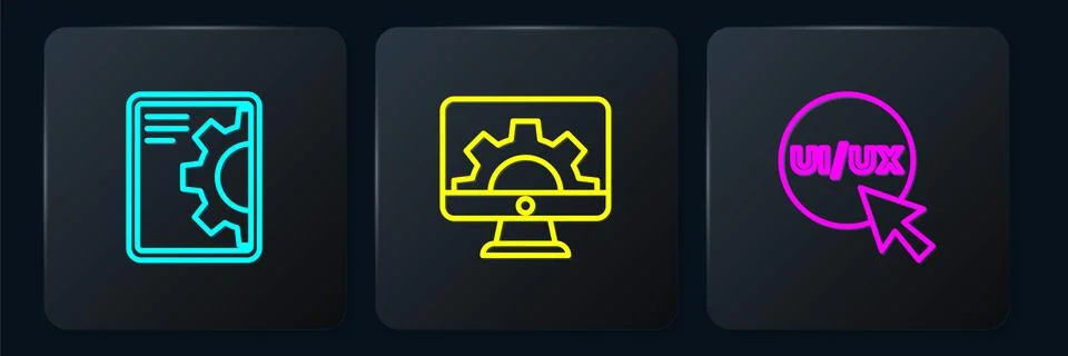 Set line Web development, UI or UX design and . Black square button. Vector 스톡 일러스트