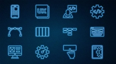 Set line Web development, UI or UX design, Front end, Color palette guide Illustrazione stock