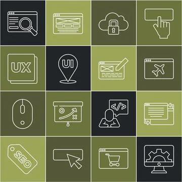 Set line Web development, UI or UX design, Website template, Cloud computing Stock Illustration