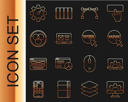 Set line Web development, UI or UX design, Bezier curve, RGB and CMYK color m Illustrazione stock