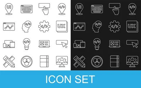 Set line Web development, UI or UX design, Keyboard, Front end, Website sta.. Illustrazione stock