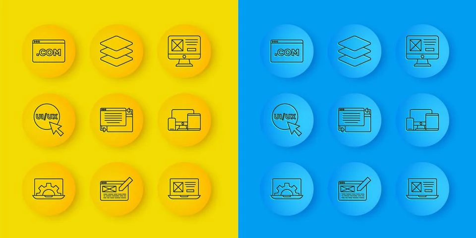 Set line Web development UI or UX design Monitor mobile tablet and Layers ico Stock Illustration
