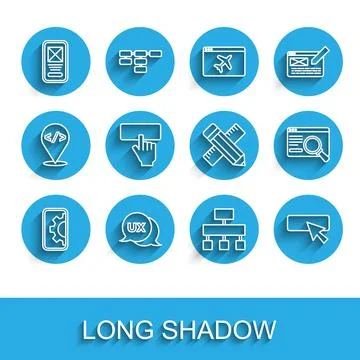 Set line Web development, UI or UX design, Site map, Keyboard, and Crossed .. Stock Illustration