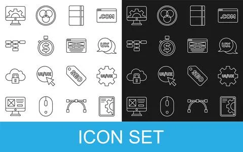 Set line Web development, UI or UX design, Sketchbook album, Time is money,.. Illustrazione stock