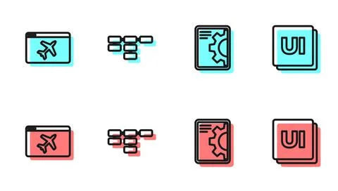 Set line Web development, Website template, Site map and UI or UX design icon Stock Illustration