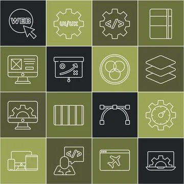 Set line Web development, Website statistic, Layers, Front end, Planning Stock Illustration